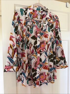 Kim Rogers White Paisley Button-Front Blouse with Pink, Blue & Yellow Accents